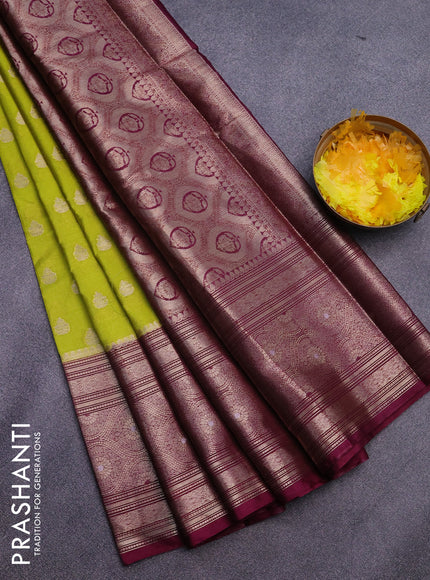 Banarasi semi silk saree lime green and purple with allover thread & zari woven buttas and long zari woven border