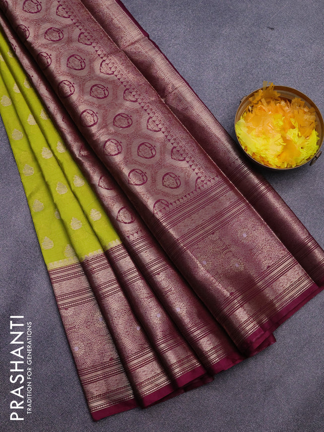 Banarasi semi silk saree lime green and purple with allover thread & zari woven buttas and long zari woven border