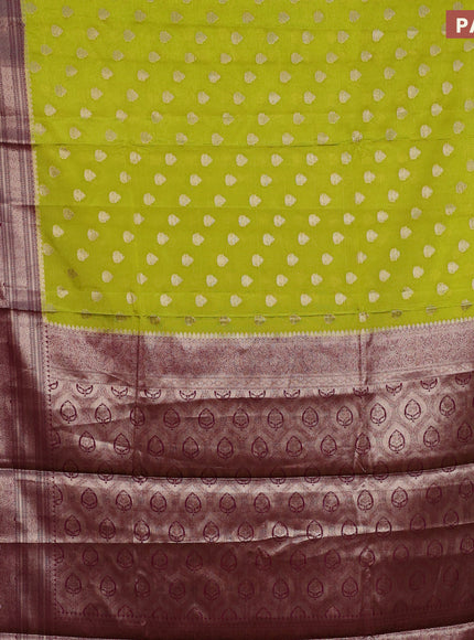 Banarasi semi silk saree lime green and purple with allover thread & zari woven buttas and long zari woven border