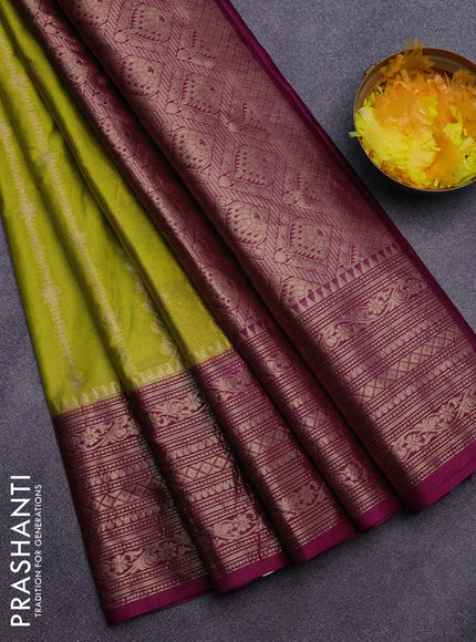 Banarasi semi silk saree lime green and purple with allover zari weaves and long zari woven border