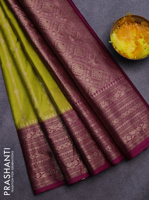 Banarasi semi silk saree lime green and purple with allover zari weaves and long zari woven border