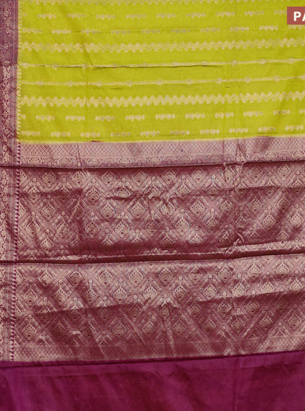 Banarasi semi silk saree lime green and purple with allover zari weaves and long zari woven border