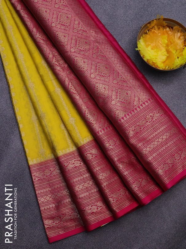 Banarasi semi silk saree yellow and pink with allover zari weaves and long zari woven border