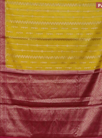 Banarasi semi silk saree yellow and pink with allover zari weaves and long zari woven border