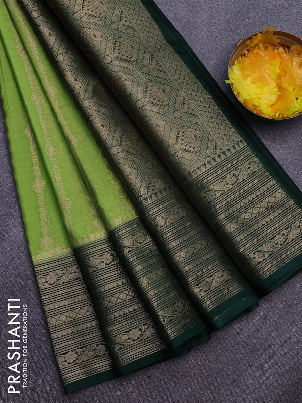 Banarasi semi silk saree light green and dark green with allover zari weaves and long zari woven border