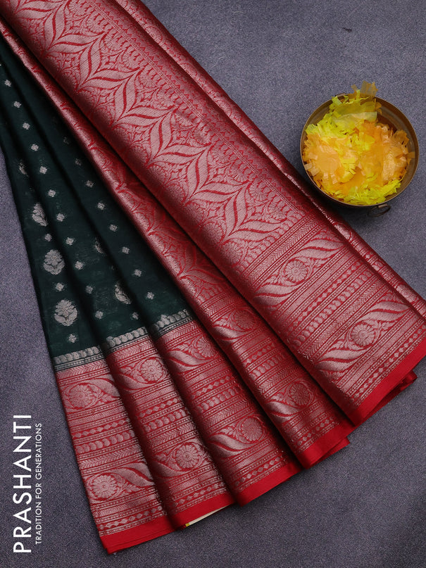 Banarasi semi silk saree bottle green and red with allover thread & zari woven buttas and long zari woven border