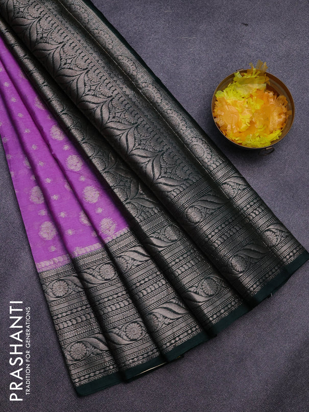 Banarasi semi silk saree lavender and bottle green with allover thread & zari woven buttas and long zari woven border