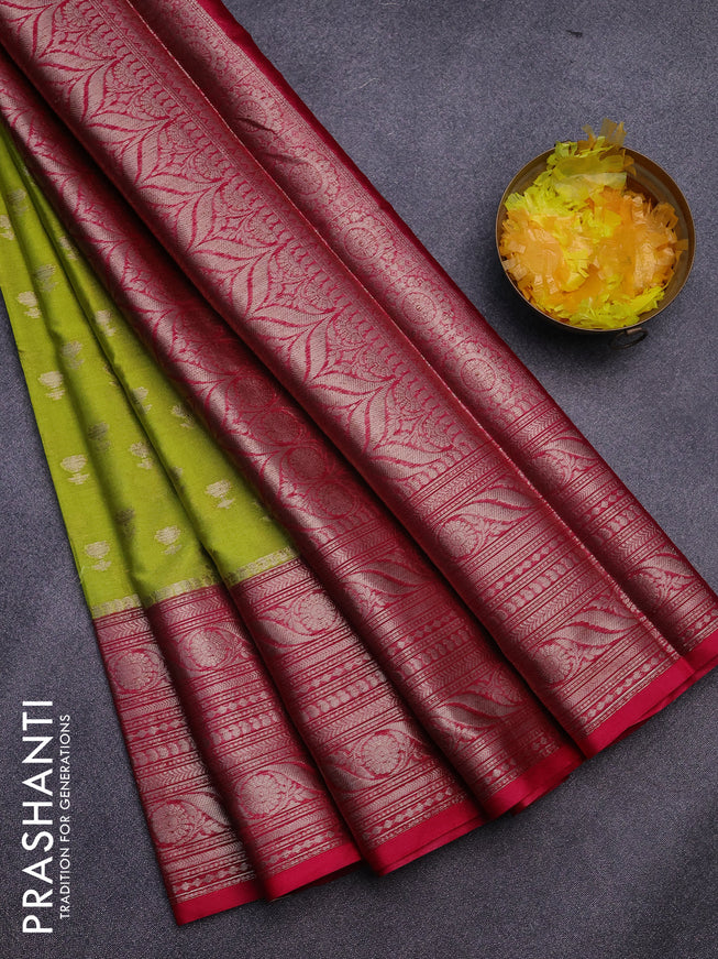 Banarasi semi silk saree lime green and pink with allover floral zari woven buttas and long woven border