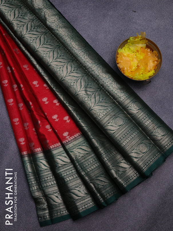 Banarasi semi silk saree red and bottle green with allover floral zari woven buttas and long woven border