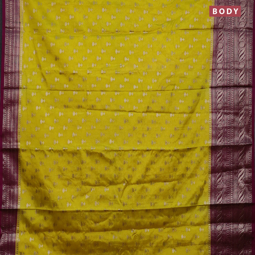 Banarasi semi silk saree yellow and purple with allover floral zari woven buttas and long woven border