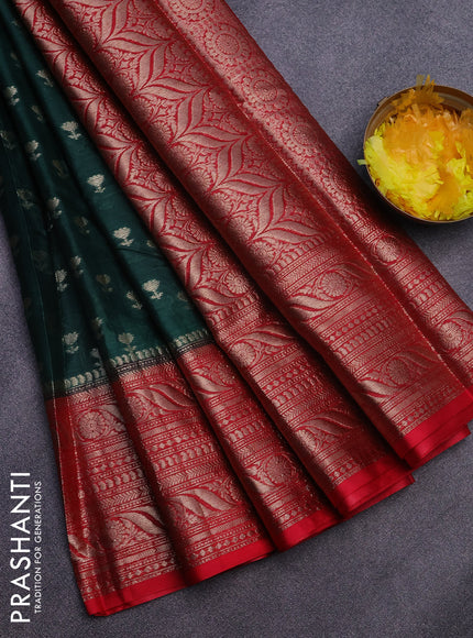 Banarasi semi silk saree bottle green and red with allover floral zari woven buttas and long woven border