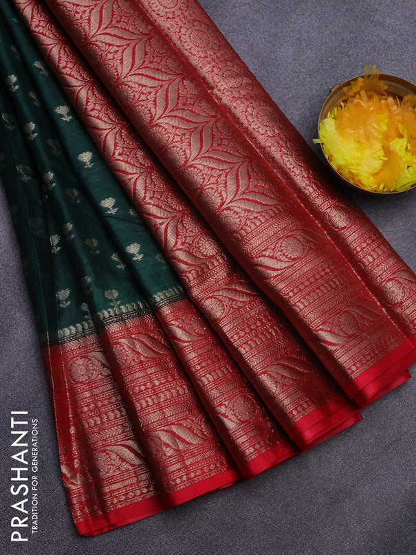 Banarasi semi silk saree bottle green and red with allover floral zari woven buttas and long woven border