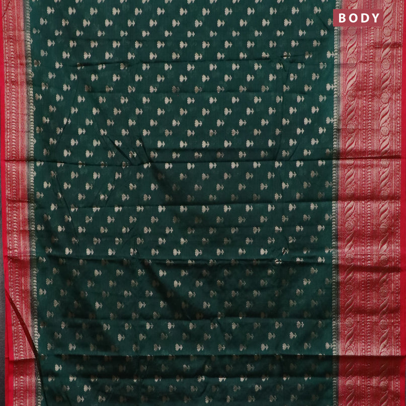 Banarasi semi silk saree bottle green and red with allover floral zari woven buttas and long woven border