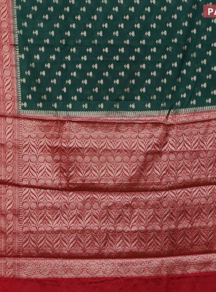 Banarasi semi silk saree bottle green and red with allover floral zari woven buttas and long woven border