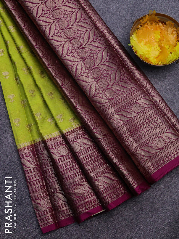 Banarasi semi silk saree lime green and purple with allover floral zari woven buttas and long woven border