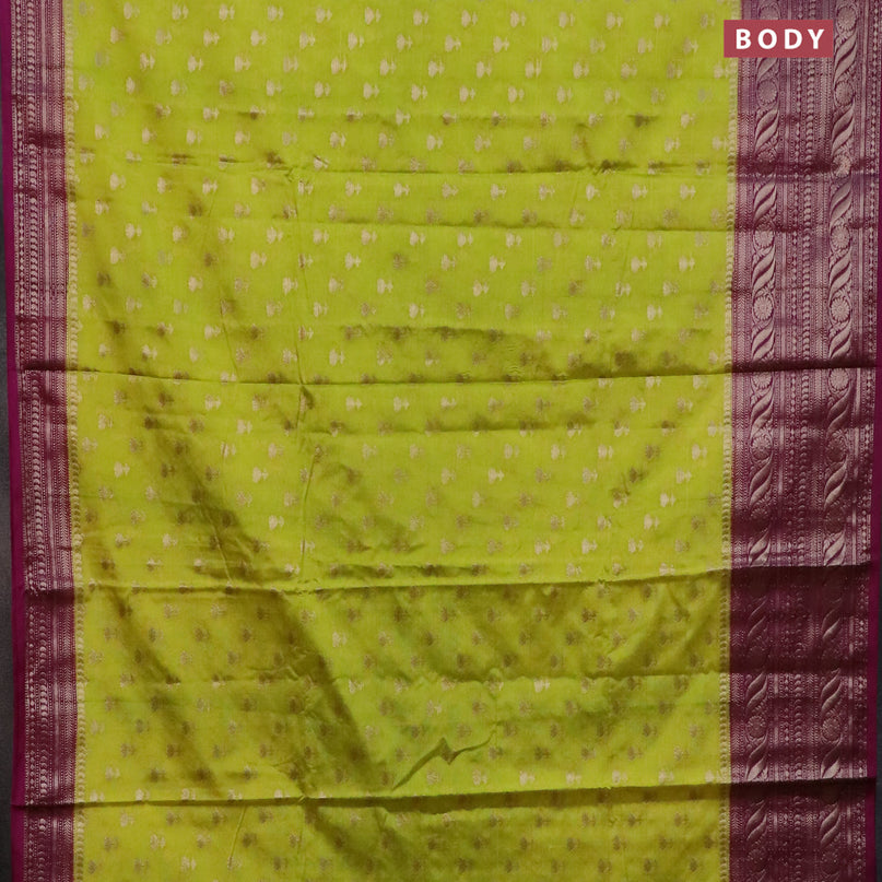 Banarasi semi silk saree lime green and purple with allover floral zari woven buttas and long woven border