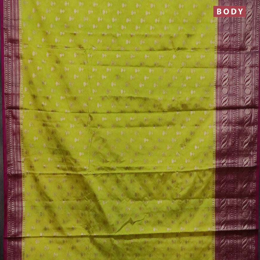 Banarasi semi silk saree lime green and purple with allover floral zari woven buttas and long woven border