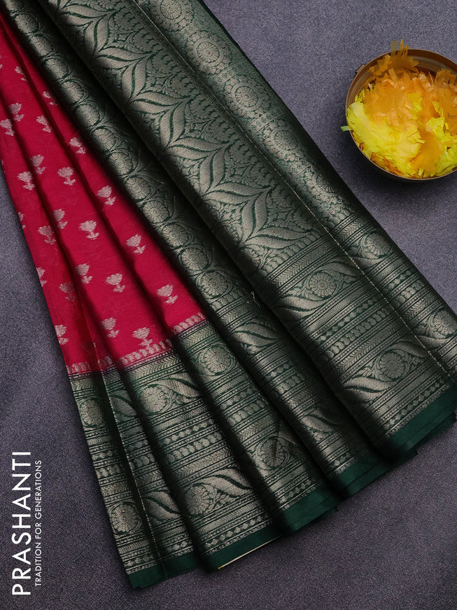 Banarasi semi silk saree dark pink and dark green with allover floral zari woven buttas and long woven border