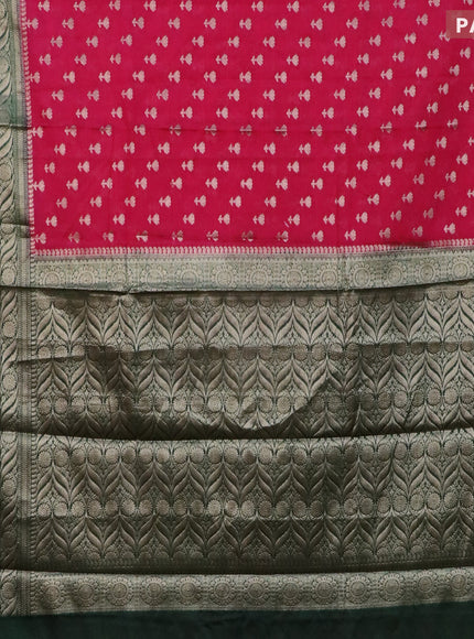 Banarasi semi silk saree dark pink and dark green with allover floral zari woven buttas and long woven border