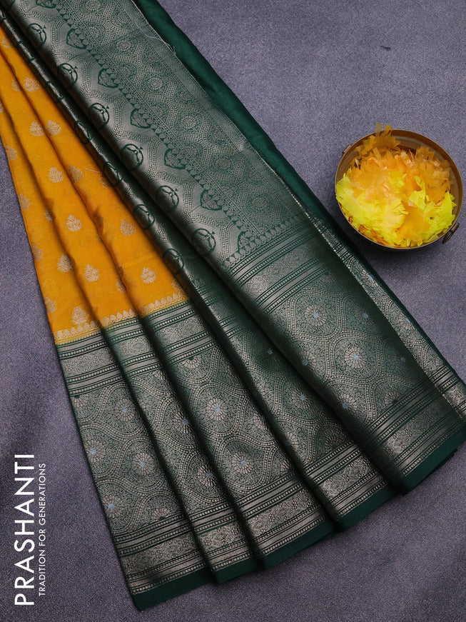 Banarasi semi silk saree mango yellow and bottle green with allover thread & zari woven buttas and long woven border