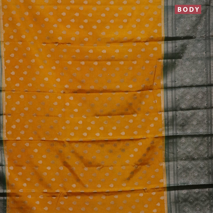 Banarasi semi silk saree mango yellow and bottle green with allover thread & zari woven buttas and long woven border