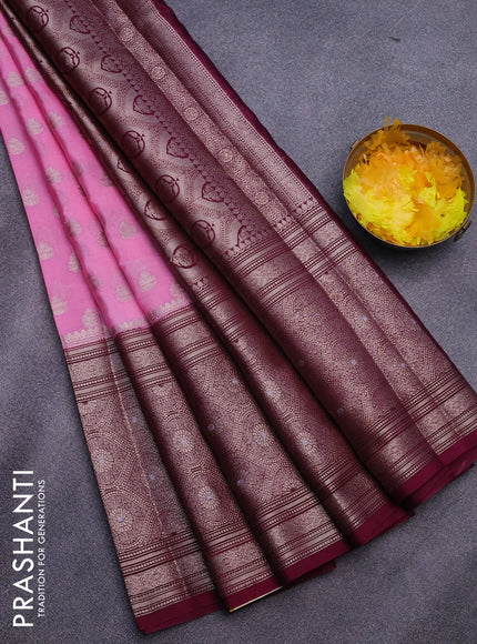 Banarasi semi silk saree light pink and wine shade with allover thread & zari woven buttas and long woven border