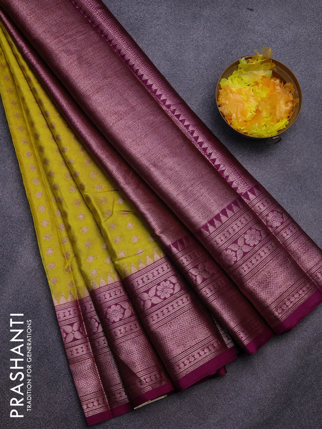 Banarasi semi silk saree lime yellow and purple with allover zari woven buttas and zari woven border