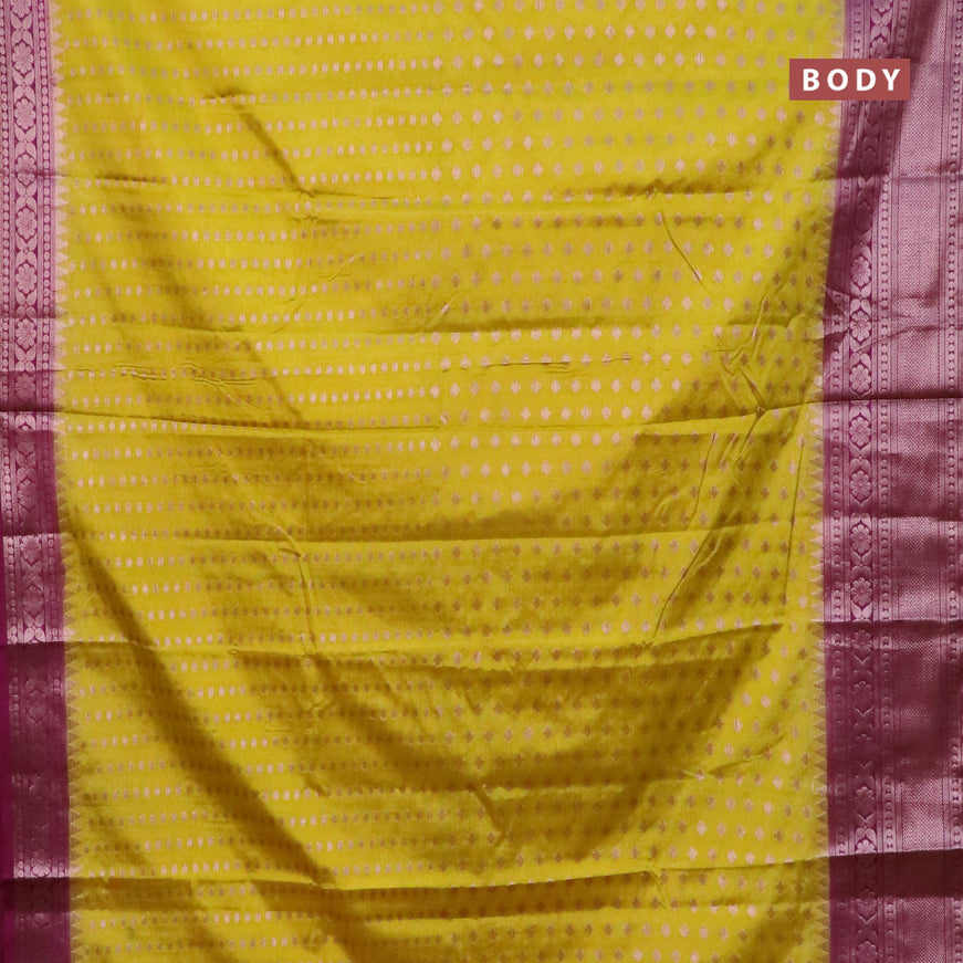 Banarasi semi silk saree lime yellow and purple with allover zari woven buttas and zari woven border