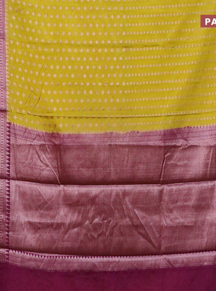 Banarasi semi silk saree lime yellow and purple with allover zari woven buttas and zari woven border