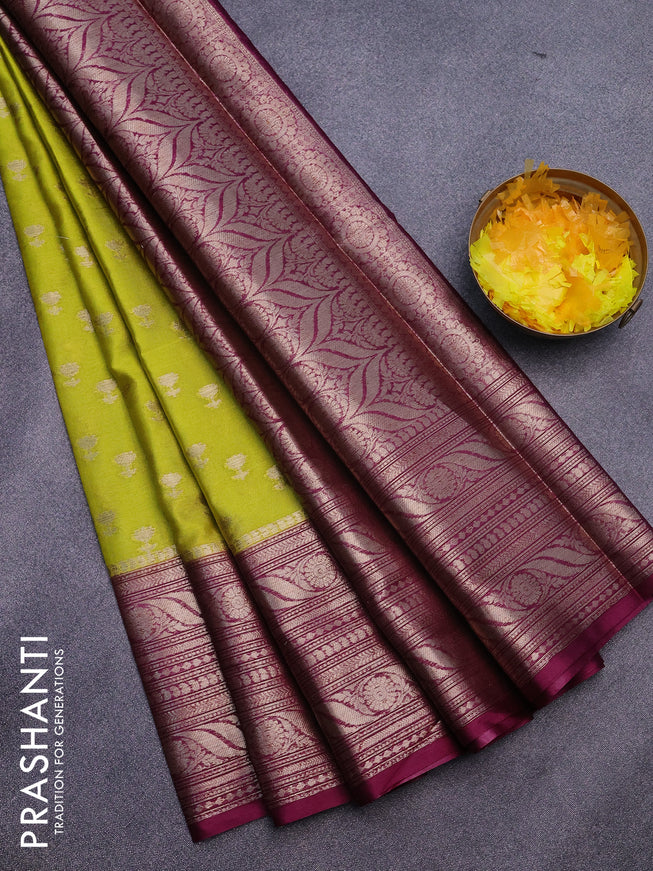 Banarasi semi silk saree lime yellow and wine shade with allover thread & zari woven floral buttas and long zari woven border