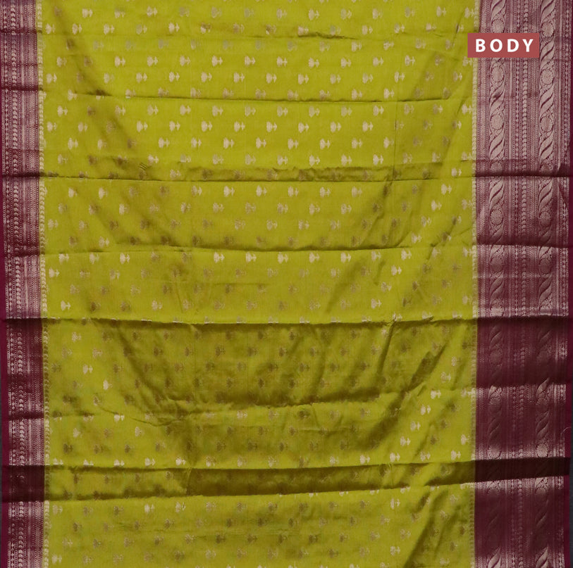 Banarasi semi silk saree lime yellow and wine shade with allover thread & zari woven floral buttas and long zari woven border