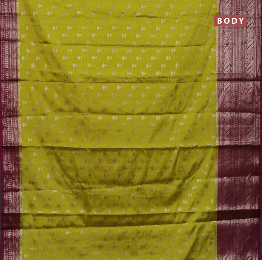 Banarasi semi silk saree lime yellow and wine shade with allover thread & zari woven floral buttas and long zari woven border