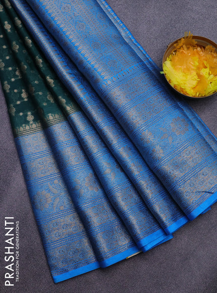 Banarasi semi silk saree bottle green and blue with allover thread & zari woven buttas and long woven border