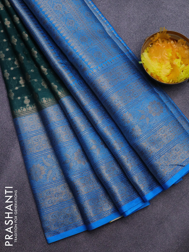 Banarasi semi silk saree bottle green and blue with allover thread & zari woven buttas and long woven border