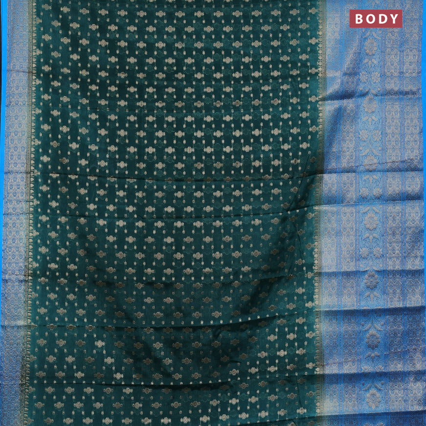 Banarasi semi silk saree bottle green and blue with allover thread & zari woven buttas and long woven border