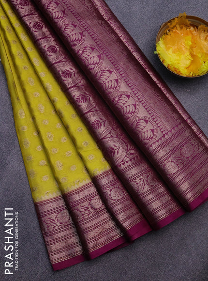 Banarasi semi silk saree lime yellow and purple with allover thread & zari woven buttas and woven border