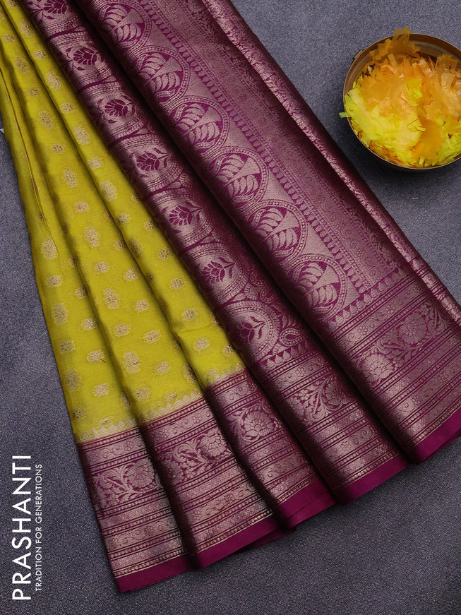 Banarasi semi silk saree lime yellow and purple with allover thread & zari woven buttas and woven border