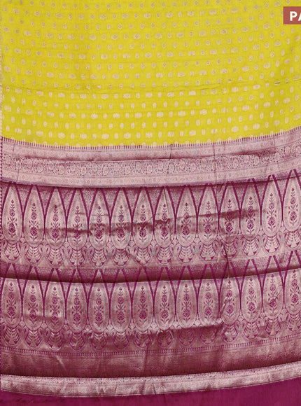 Banarasi semi silk saree lime yellow and purple with allover thread & zari woven buttas and woven border