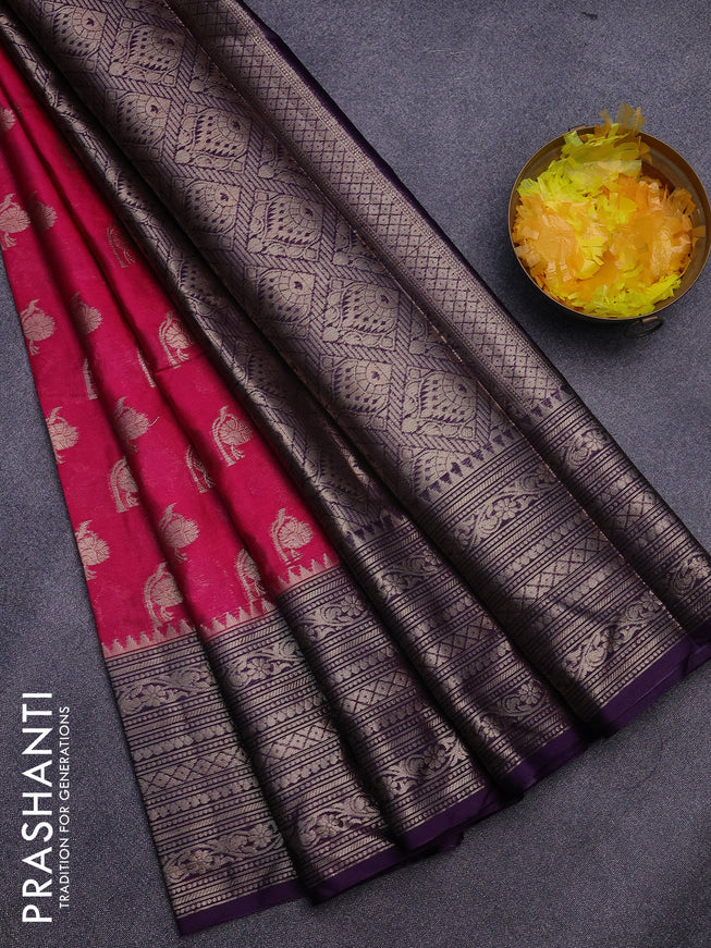 Banarasi semi silk saree pink and deep violet with allover thread & zari woven buttas and woven border