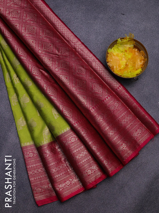 Banarasi semi silk saree lime green and pink with allover thread & zari woven buttas and woven border