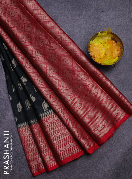 Banarasi semi silk saree deep bottle green and red with allover thread & zari woven buttas and woven border