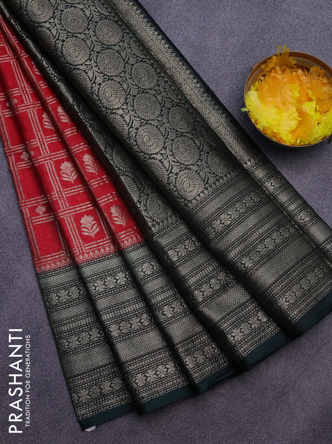 Banarasi semi silk saree red and green with allover zari checks & buttas and long zari woven border