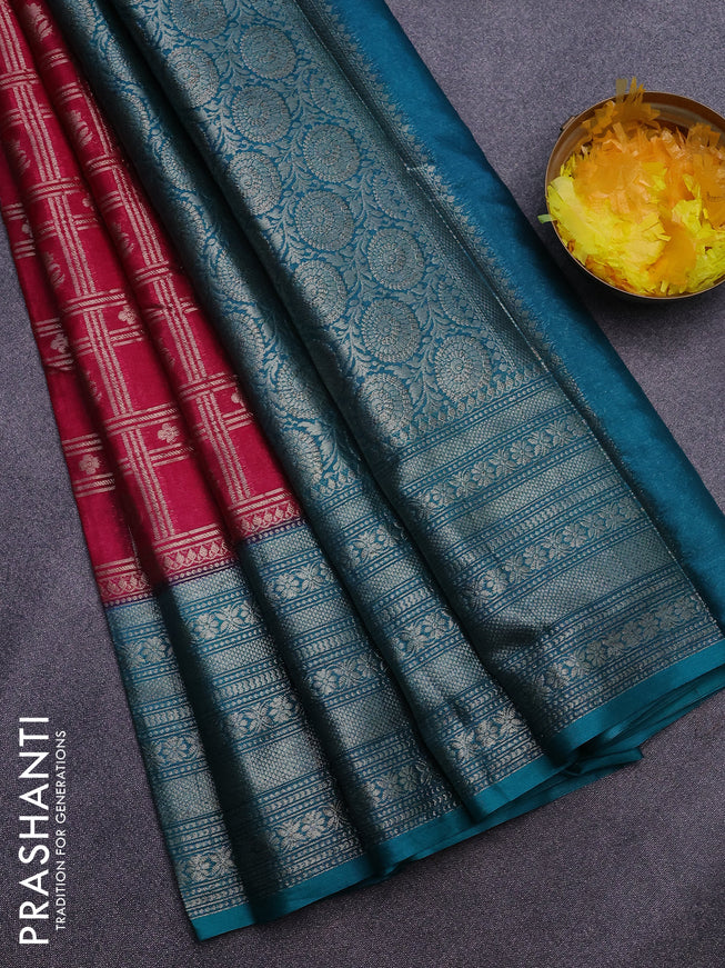 Banarasi semi silk saree pink and teal green shade with allover zari checks & buttas and long zari woven border