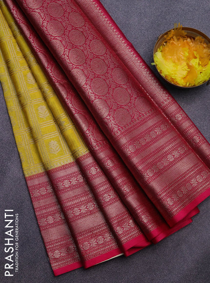 Banarasi semi silk saree yellow and pink with allover zari checks & buttas and long zari woven border