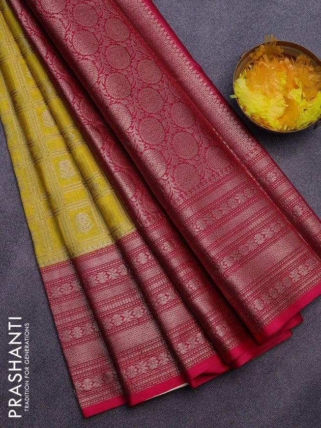 Banarasi semi silk saree yellow and pink with allover zari checks & buttas and long zari woven border