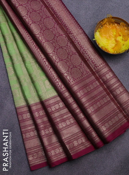 Banarasi semi silk saree pista green and magenta pink with allover zari checks & buttas and long zari woven border