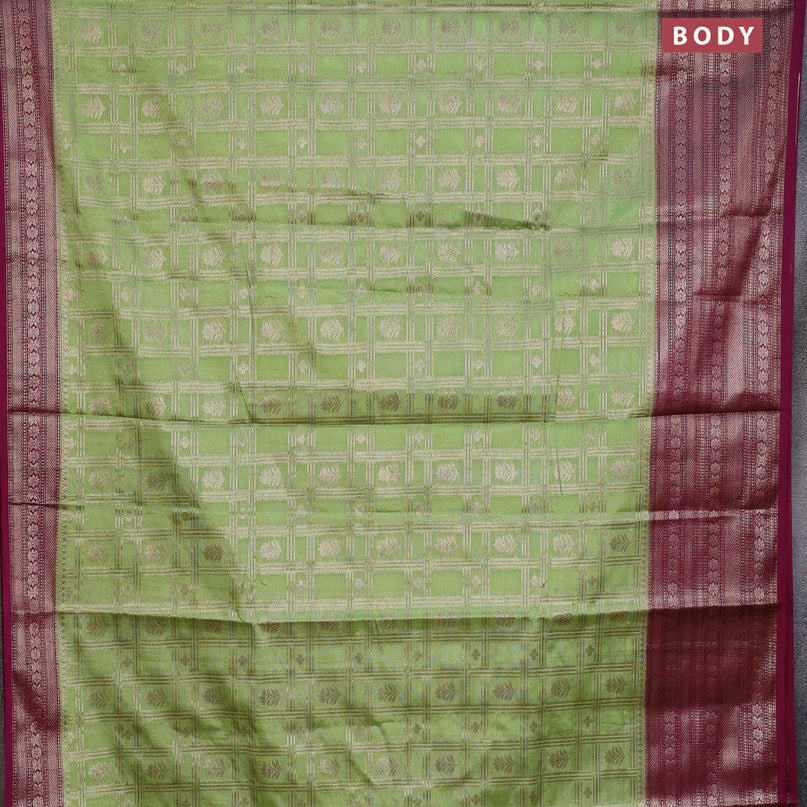 Banarasi semi silk saree pista green and magenta pink with allover zari checks & buttas and long zari woven border