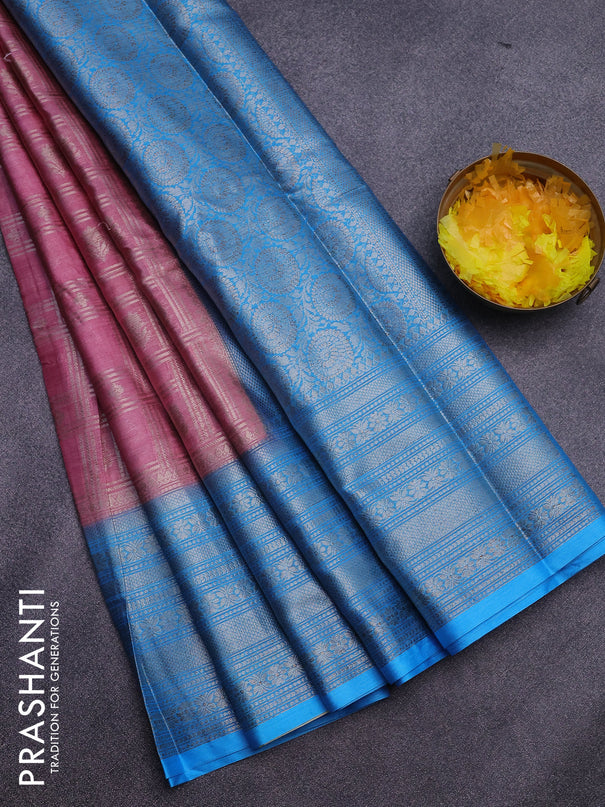 Banarasi semi silk saree pastel pink and cs blue with allover zari checks & buttas and long zari woven border