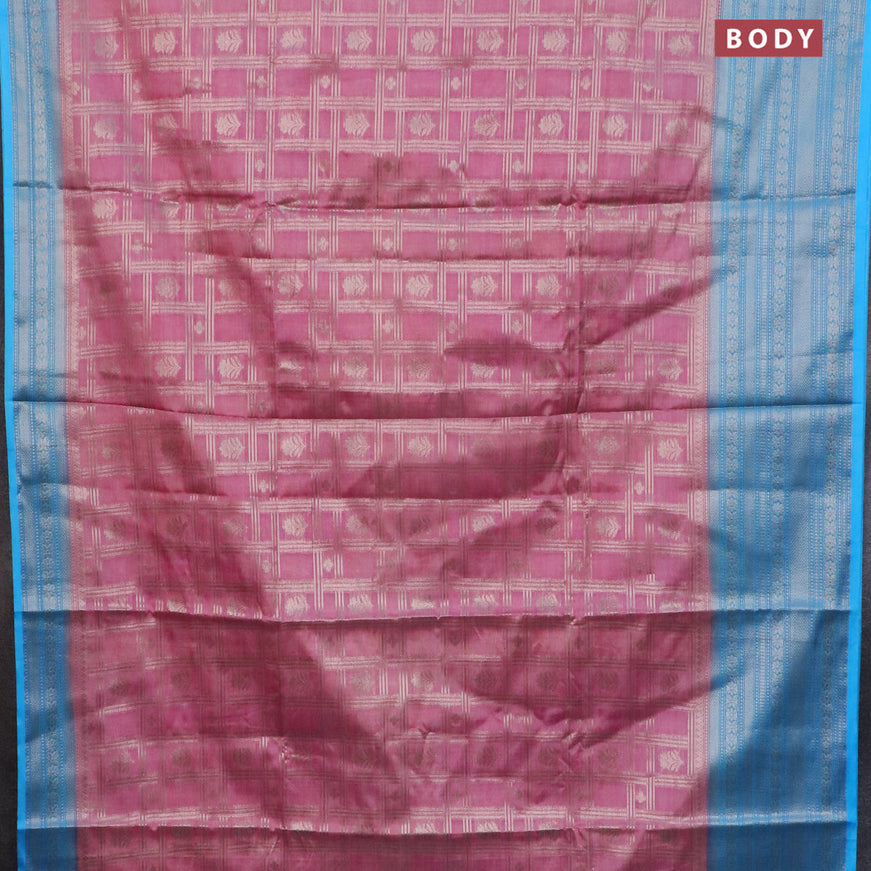 Banarasi semi silk saree pastel pink and cs blue with allover zari checks & buttas and long zari woven border