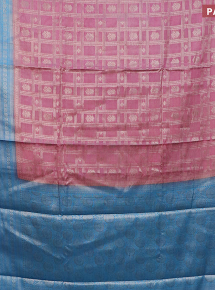 Banarasi semi silk saree pastel pink and cs blue with allover zari checks & buttas and long zari woven border